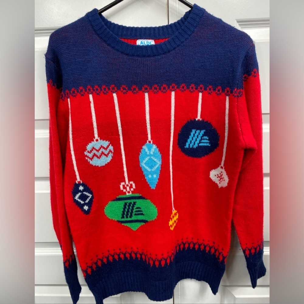Aldi Gear Sweater Red Navy Ugly Christmas Logo Ornaments Festive Holidays Small